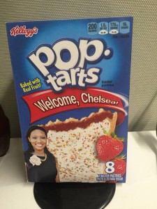 Her first day at Edelman earned her a package of PopTarts with her photo.